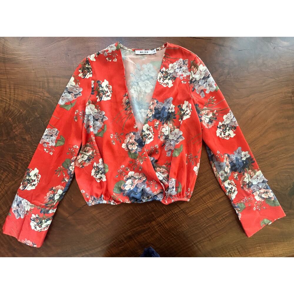 NA-KD Floral Satin Wrap Crop Top Long Sleeve Orange Boho 34 XS